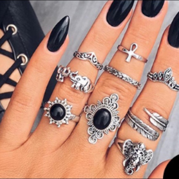9 Pc Trendy Boho Silver and Black Elephant Feather Stackable Ring Set - Picture 1 of 2